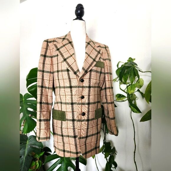 Vintage Jackets & Blazers - Vintage Virgin Wool 60s 70s Plaid Ladies Blazer Jacket Elbow Patches Designer Eq